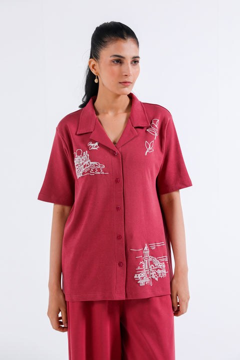 GRAPHIC BUTTON-DOWN KNIT TOP