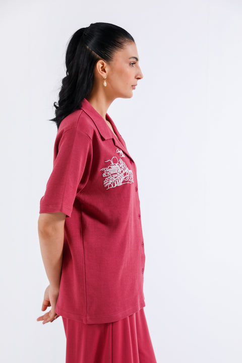 GRAPHIC BUTTON-DOWN KNIT TOP