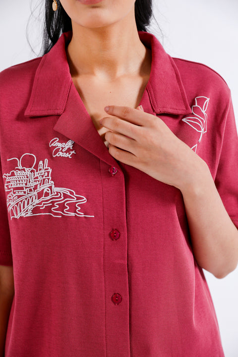 GRAPHIC BUTTON-DOWN KNIT TOP