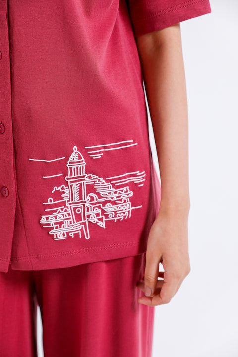 GRAPHIC BUTTON-DOWN KNIT TOP