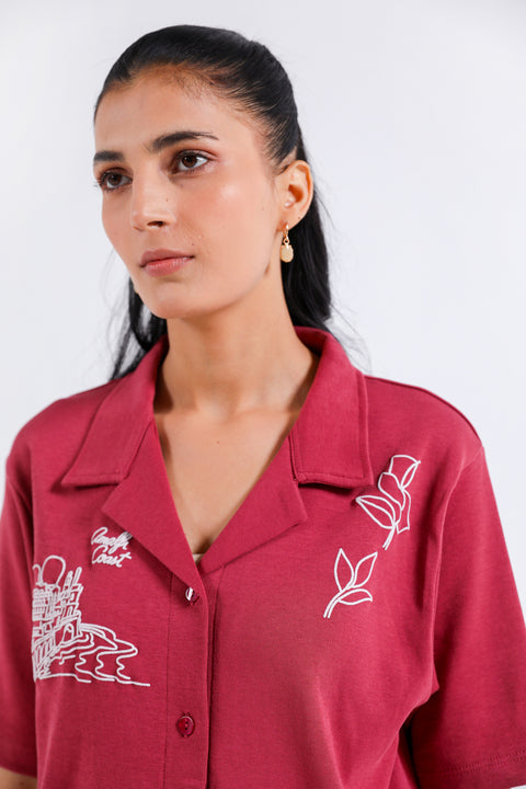 GRAPHIC BUTTON-DOWN KNIT TOP
